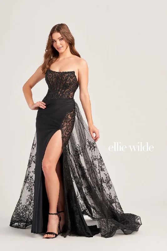 women's body-skimming dressesEllie Wilde EW35032 Long Formal Glitter Overskirt Prom Dress