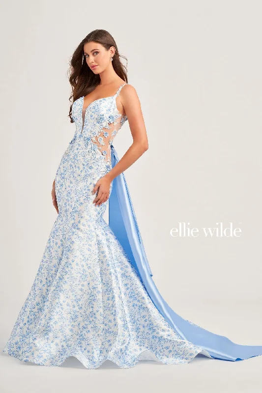 women's stretch dressesEllie Wilde EW35033 Long Formal Mermaid Overskirt Prom Gown