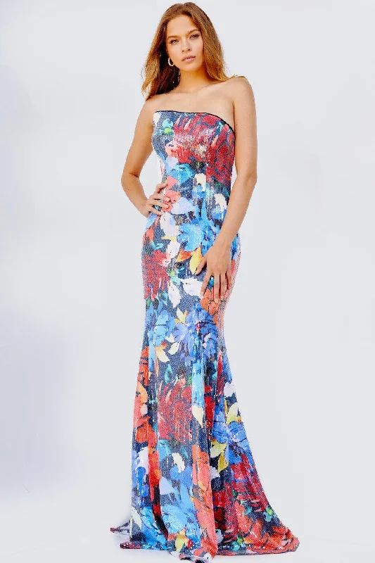 women's machine-washable dressesJovani 23907 Long Strapless Floral Print Prom Gown